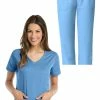 Grey's Anatomy Women's V-Neck Solid Scrub Top & Logo Elastic Waist Drawstring Scrub Pant Set