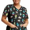 Cherokee Women's Knit Panel Feline Fan-cactus Print Scrub Top