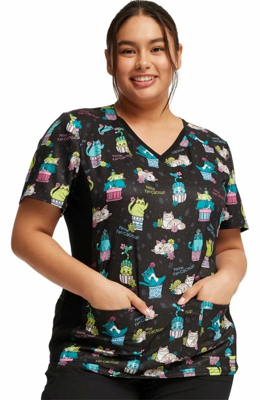 Cherokee Women's Knit Panel Feline Fan-cactus Print Scrub Top 3 Cherokee Women's Knit Panel Feline Fan-cactus Print Scrub Top -Scrubs for Women Sales Store 1 ck ck636 printffc 650
