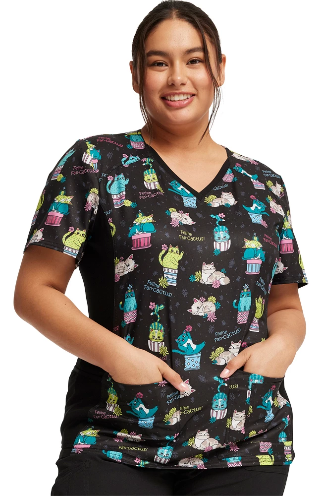 Cherokee Women's Knit Panel Feline Fan-cactus Print Scrub Top 1 Cherokee Women's Knit Panel Feline Fan-cactus Print Scrub Top