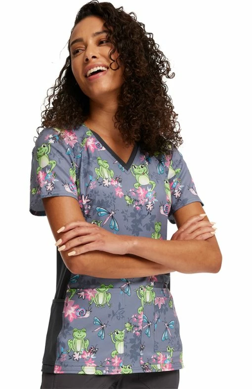 Cherokee Women's Knit Panel Toad-ally Floral Friends Print Scrub Top -Scrubs for Women Sales Store 1 ck ck636 printtdf 650