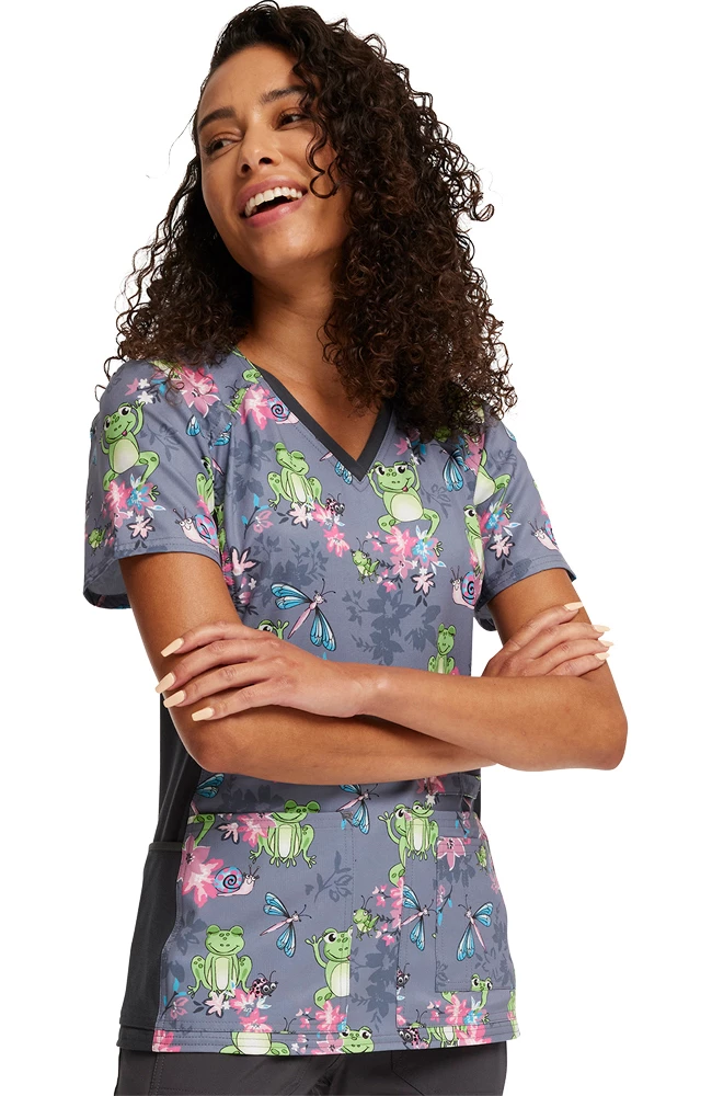 Cherokee Women's Knit Panel Toad-ally Floral Friends Print Scrub Top 1 Cherokee Women's Knit Panel Toad-ally Floral Friends Print Scrub Top