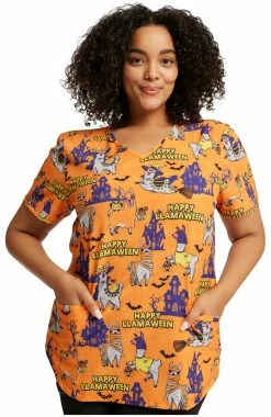 Cherokee Women's Happy Llamaween Print Scrub Top