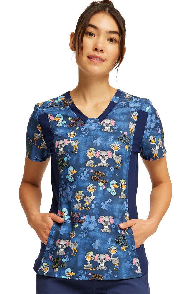 Cherokee Women's V-Neck Knit Panel Easily Emu-sed Print Scrub Top 1 Cherokee Women's V-Neck Knit Panel Easily Emu-sed Print Scrub Top