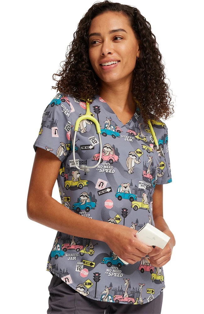 Cherokee Women's Tuckable Giraffic Jam Print Scrub Top 1 Cherokee Women's Tuckable Giraffic Jam Print Scrub Top