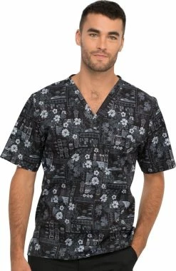 Cherokee Clearance Men's Its Tiki Time Print Scrub Top