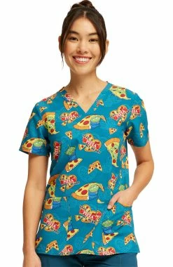 Cherokee Women's Pizza My Heart Alien Print Scrub Top