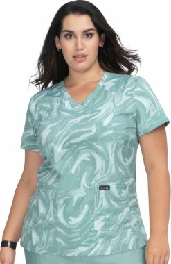 Koi Women's Leslie Sage All Over Marble Print Scrub Top