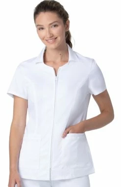 Landau Women's Collared Zip Front Solid Scrub Top