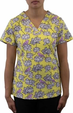Maevn Uniforms Women's Curved V-Neck Birds In Bloom Print Top