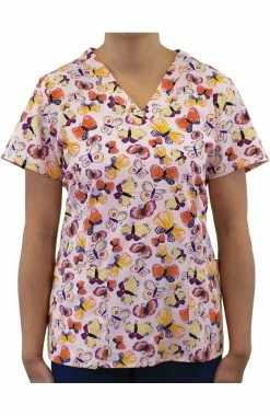 Maevn Uniforms Women's Candy Of Butterfly Print Scrub Top
