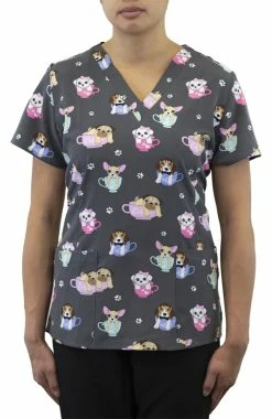 Maevn Uniforms Women's Curved V-Neck Cup O' Pup Print Top