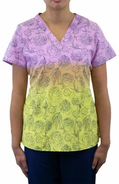 Maevn Uniforms Women's Curved V-Neck Morning Sunrise Print Top