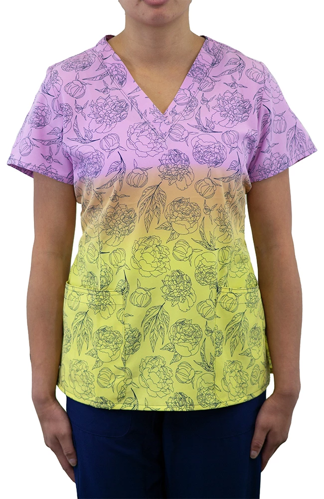 Maevn Uniforms Women's Curved V-Neck Morning Sunrise Print Top 1 Maevn Uniforms Women's Curved V-Neck Morning Sunrise Print Top