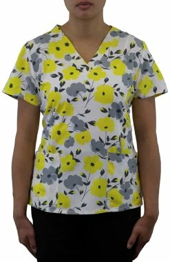 Maevn Uniforms Women's Curved V-Neck Sunshine Blossoms Print Top