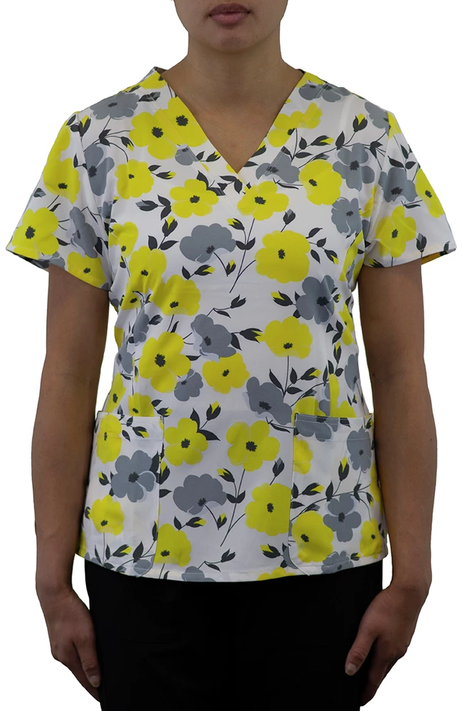 Maevn Uniforms Women's Curved V-Neck Sunshine Blossoms Print Top 1 Maevn Uniforms Women's Curved V-Neck Sunshine Blossoms Print Top