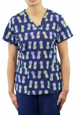 Maevn Uniforms Women's Curved V-Neck Tropical Paradise Print Top