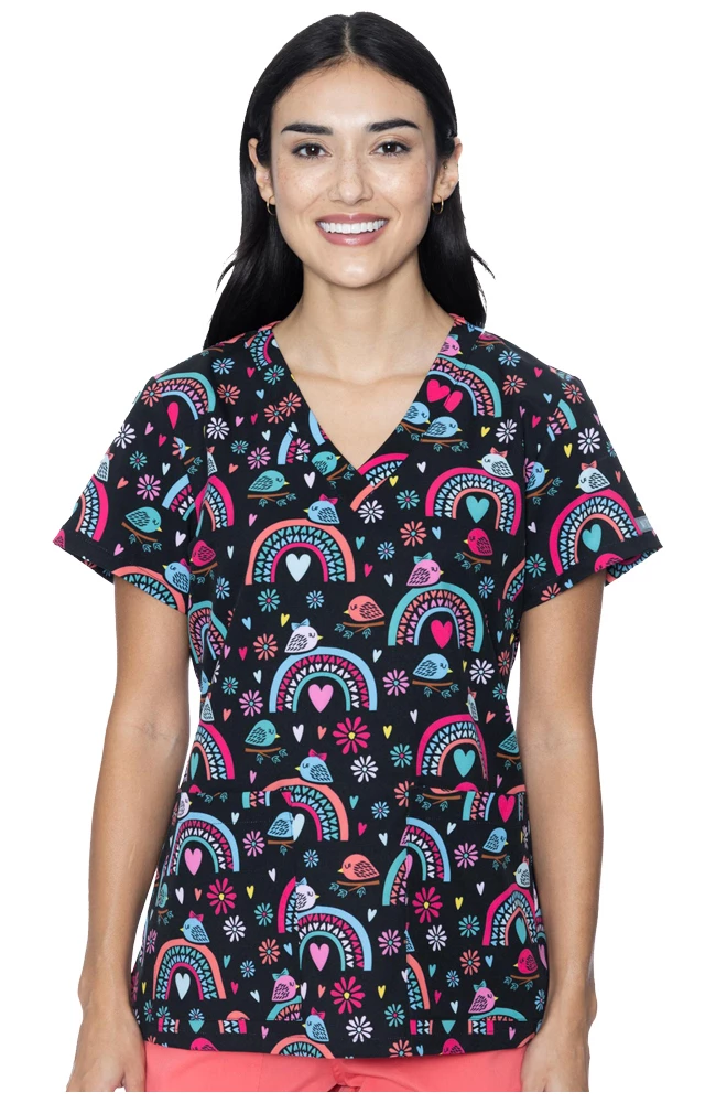 Med Couture Women's Vicky Rainbow Bird Print Scrub Top 1 Med Couture Women's Vicky Rainbow Bird Print Scrub Top