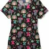Zoe And Chloe Women's Notch Neck Spiky Mikey Print Scrub Top