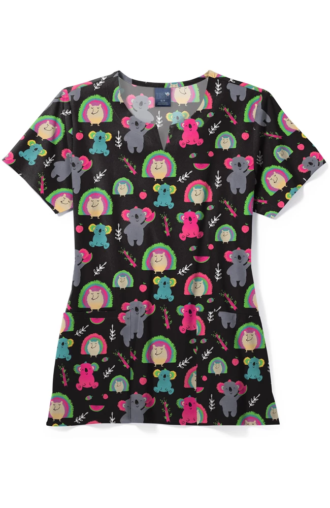 Zoe And Chloe Women's Notch Neck Spiky Mikey Print Scrub Top 1 Zoe And Chloe Women's Notch Neck Spiky Mikey Print Scrub Top