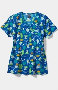 Zoe And Chloe Women's Mock Wrap Toadally Charming Print Scrub Top