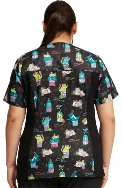 Cherokee Women's Knit Panel Feline Fan-cactus Print Scrub Top 6 Cherokee Women's Knit Panel Feline Fan-cactus Print Scrub Top -Scrubs for Women Sales Store 2 ck ck636 print 650 1