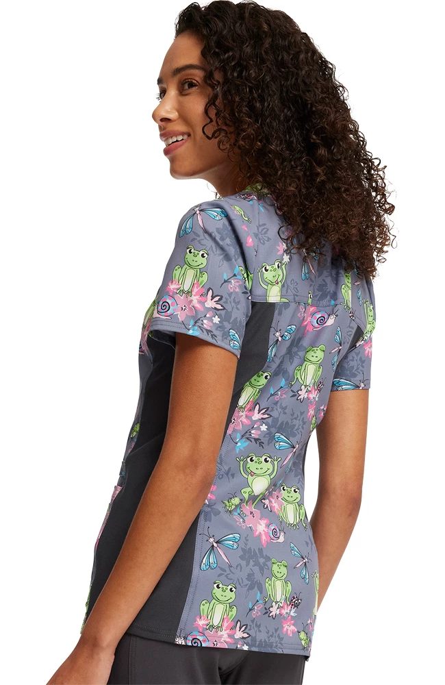 Cherokee Women's Knit Panel Toad-ally Floral Friends Print Scrub Top 2 Cherokee Women's Knit Panel Toad-ally Floral Friends Print Scrub Top - Image 2