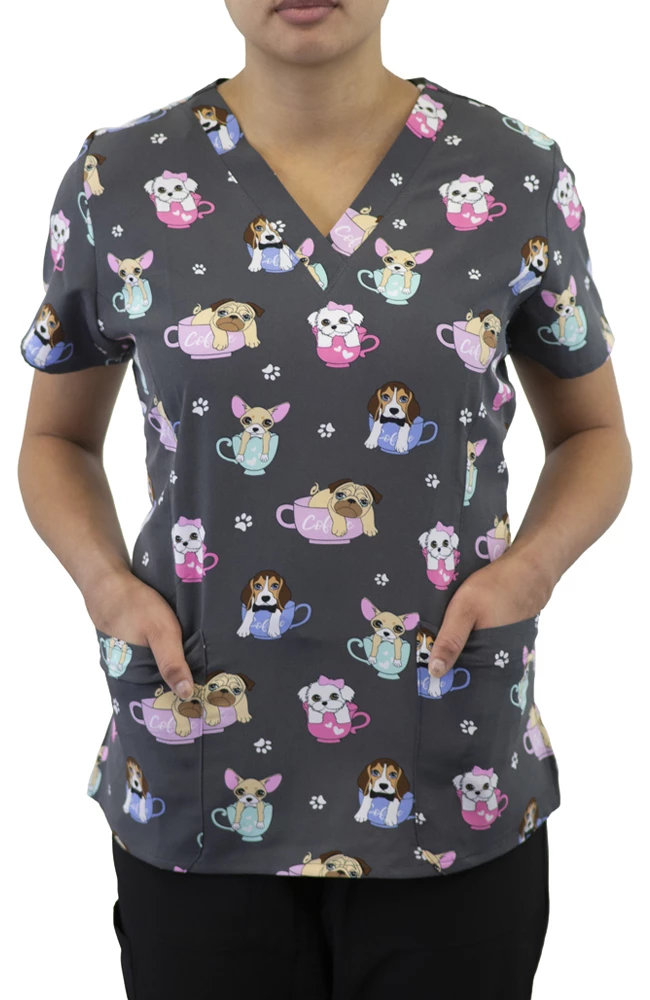 Maevn Uniforms Women's Curved V-Neck Cup O' Pup Print Top 2 Maevn Uniforms Women's Curved V-Neck Cup O' Pup Print Top - Image 2