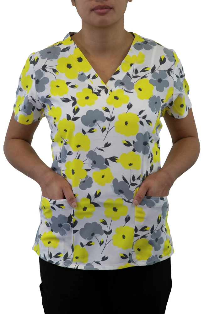 Maevn Uniforms Women's Curved V-Neck Sunshine Blossoms Print Top 2 Maevn Uniforms Women's Curved V-Neck Sunshine Blossoms Print Top - Image 2