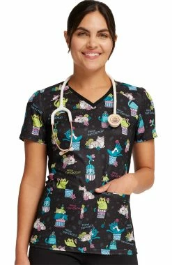 Cherokee Women's Knit Panel Feline Fan-cactus Print Scrub Top 7 Cherokee Women's Knit Panel Feline Fan-cactus Print Scrub Top -Scrubs for Women Sales Store 3 ck ck636 print 650 1