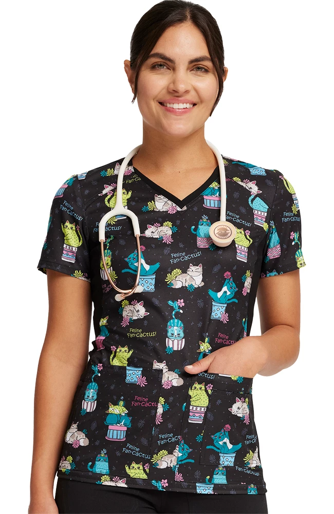 Cherokee Women's Knit Panel Feline Fan-cactus Print Scrub Top 3 Cherokee Women's Knit Panel Feline Fan-cactus Print Scrub Top - Image 3