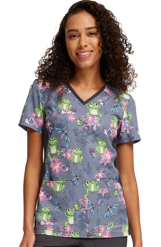 Cherokee Women's Knit Panel Toad-ally Floral Friends Print Scrub Top 3 Cherokee Women's Knit Panel Toad-ally Floral Friends Print Scrub Top - Image 3