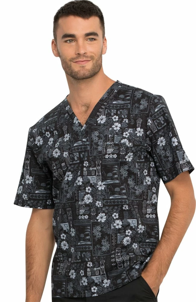 Cherokee Clearance Men's Its Tiki Time Print Scrub Top 3 Cherokee Clearance Men's Its Tiki Time Print Scrub Top - Image 3
