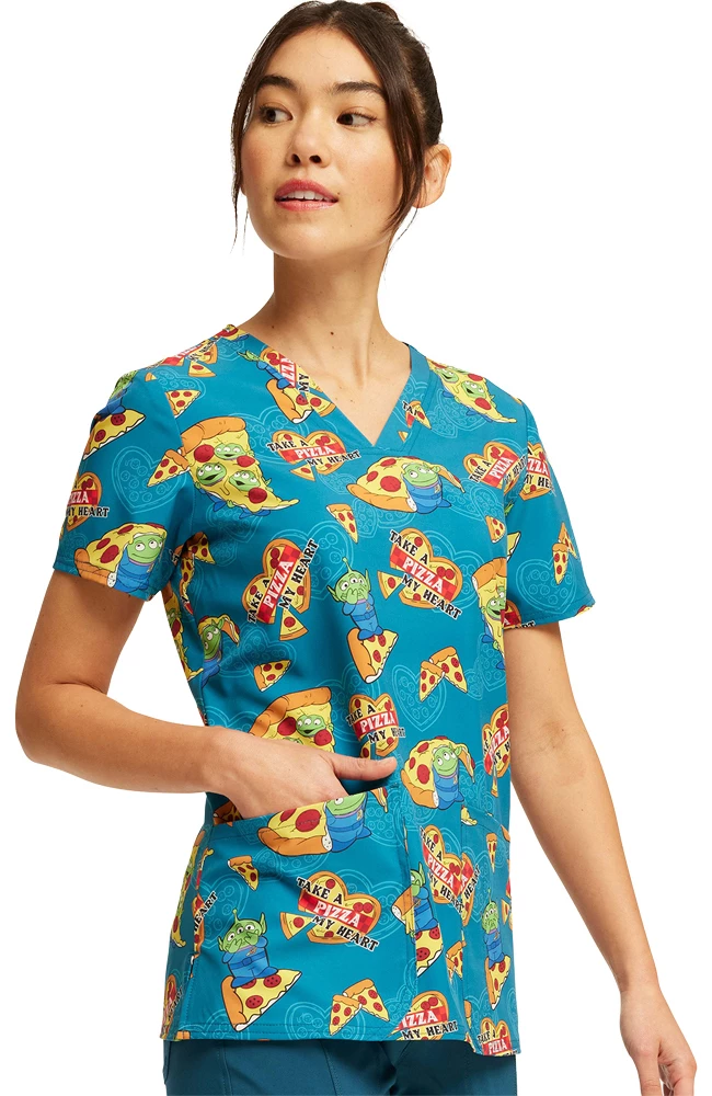 Cherokee Women's Pizza My Heart Alien Print Scrub Top 3 Cherokee Women's Pizza My Heart Alien Print Scrub Top - Image 3
