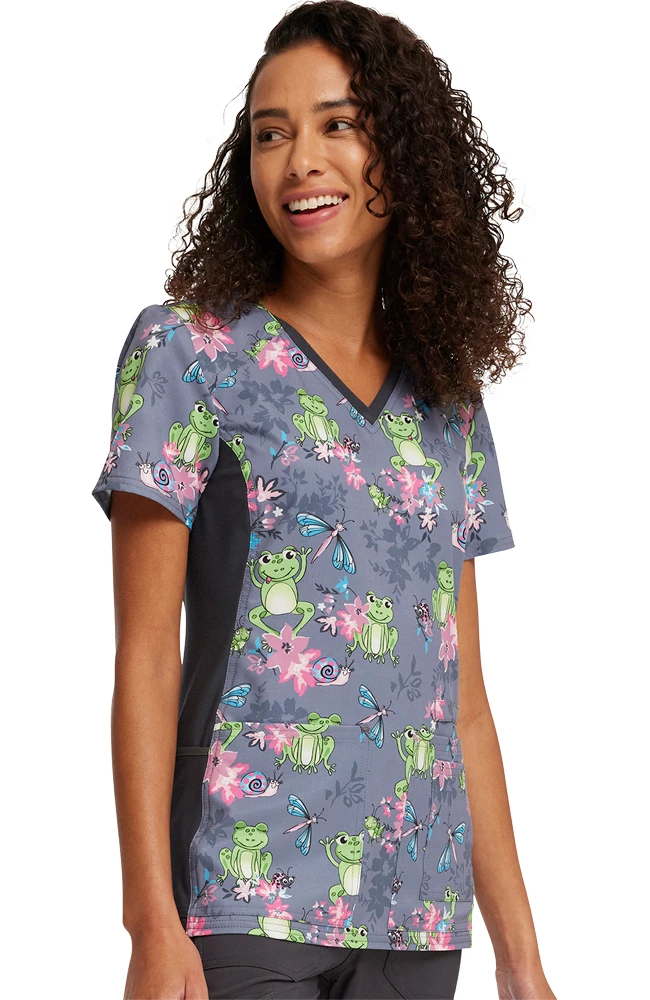 Cherokee Women's Knit Panel Toad-ally Floral Friends Print Scrub Top 4 Cherokee Women's Knit Panel Toad-ally Floral Friends Print Scrub Top - Image 4